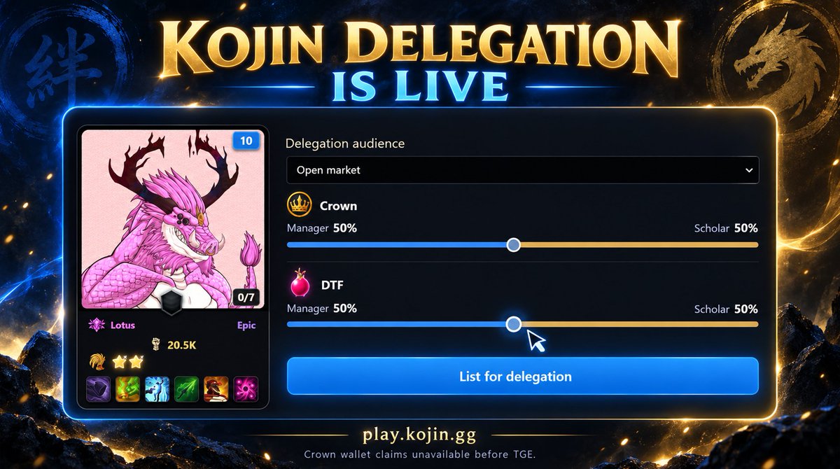 Kojin_gg's tweet photo. 🐉 Kojin Delegation is LIVE!

Lend your Kojin or borrow one to grow your city. Choose your scholar, set reward splits, and track loans in Borrowed &amp; Lent Out.

💰 Claim eligible DTF rewards
👑 Crown wallet claims unavailable before TGE

https://t.co/G5eORusx9Q https://t.co/zQMFySzcrZ