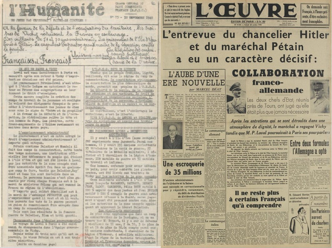 AugusteKeufer2's tweet photo. On aide l'inculte Julien Odoul :

A gauche, l'Humanité clandestine en septembre 1940 qui appelle au soulèvement contre les traitres de Vichy

A droite, l'Œuvre en octobre 1940, journal du RN de Déat qui appelle à la collaboration franco-allemande, interdit à la Libération https://t.co/MHAr815zyi