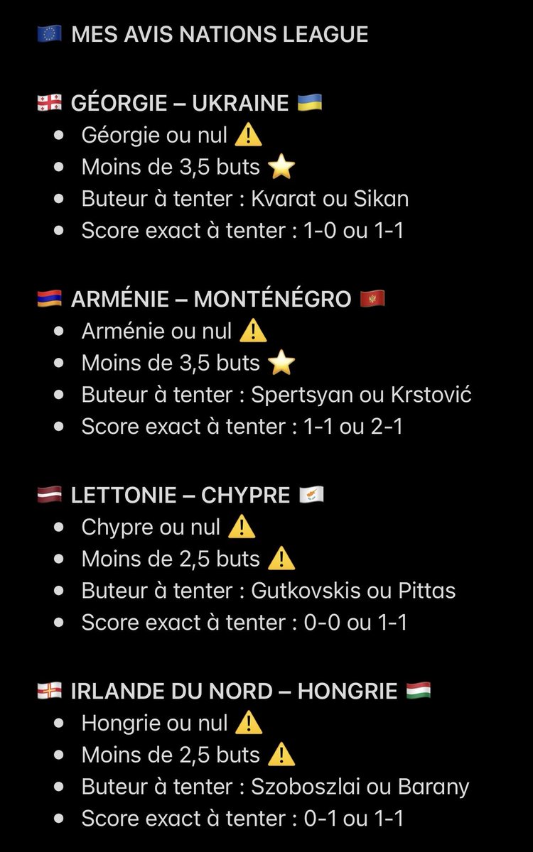 NtkPronos's tweet photo. 🇪🇺 Mes avis Nations League ! 

💭 Une soirée vraiment compliquée à analyser, tous les matchs vont être serrés. Modérez vos mises et pourquoi pas tenter des buteurs !

⚠️ Match à éviter
⭐️ Petite confiance
⭐️⭐️ Bonne confiance

❤️ Pense au p’tit LIKE pour le travail :) https://t.co/a8P6tLULof