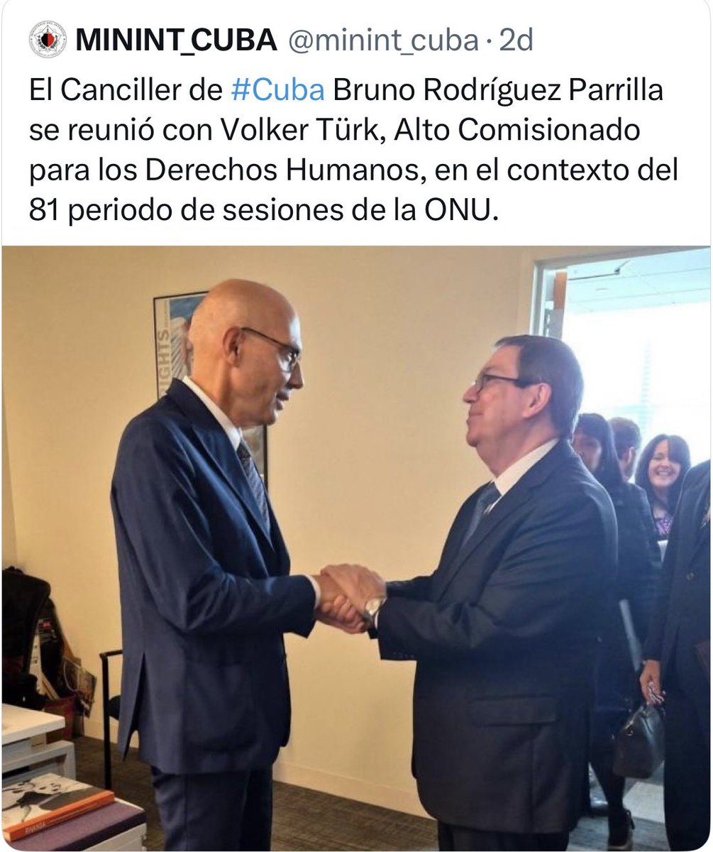RosaMariaPaya's tweet photo. Estimado @volker_turk, lávese las manos, porque las de @BrunoRguezP están manchadas con los crímenes de lesa humanidad de sus jefes.

No sorprende que la noticia venga de la oficina de los torturadores.

El MININT es la agencia encargada de torturar a prisioneros políticos, asesinar a opositores —como hicieron con mi padre, Oswaldo Payá—, encarcelar a menores de edad por pedir libertad y perseguir a todo el que piense distinto en #Cuba.