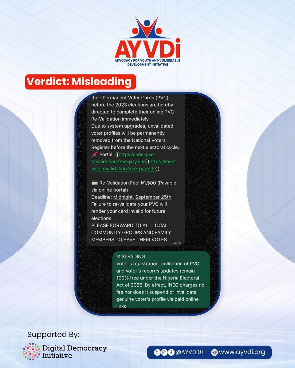 AYVDi01's tweet photo. #AYVDi #FACT-#CHECK
A viral claim about a ₦1,500 PVC revalidation fee is MISLEADING. INEC does not charge this fee.
#AYVDi #DDISA #CheckBeforeYouShare https://t.co/1hj2VnUHiu