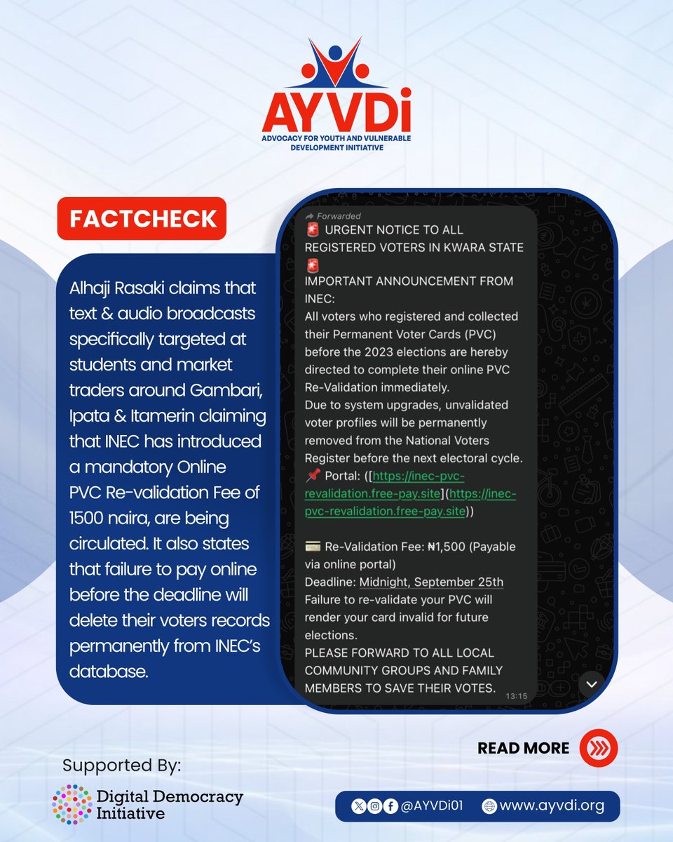 AYVDi01's tweet photo. #AYVDi #FACT-#CHECK
A viral claim about a ₦1,500 PVC revalidation fee is MISLEADING. INEC does not charge this fee.
#AYVDi #DDISA #CheckBeforeYouShare https://t.co/1hj2VnUHiu