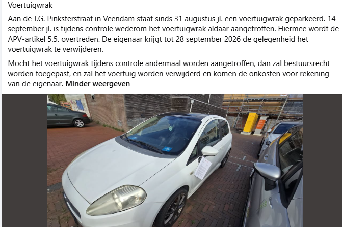 naginitweet's tweet photo. Handhaving Veendam vliegt weer uit de bocht , de eigenaar van dat zogenaamde wrak woont daar maar rijdt niet vaak, wel verzekerd en gekeurd. Gelukkig heb ik een oprit, mijne zou zo afgevoerd worden denk ik, ziet er erger uit en staat ook weken stil tegenwoordig. https://t.co/RuC0OBiTlt