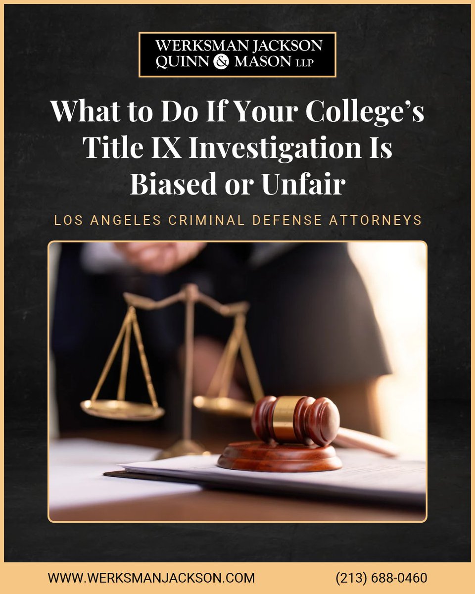WJQM_LLP's tweet photo. For college and university students who have been accused of sexual misconduct, a Title IX investigation is a high-stakes ordeal that can quickly become one of the most stressful experiences of their lives.

A finding of responsibility can lead to suspension, expulsion, loss of scholarships, damaged career prospects, and long-term harm to your reputation. Yet many students discover that their school’s process may be deeply flawed.

California colleges and universities are legally required to provide fair procedures during disciplinary proceedings. But in practice, students may encounter rushed investigations, one-sided evidence gathering, unclear accusations, and hearing procedures that deny them a meaningful opportunity to defend themselves.

If you believe your school is conducting an unfair school investigation, you need to act immediately to protect your rights, your academic future, and your reputation.

The Los Angeles Title IX attorneys at Werksman Jackson Quinn & Mason LLP represent students and faculty members facing serious allegations in university misconduct investigations throughout California. Our attorneys understand how Title IX procedures work and how schools can violate a student’s legal protections.

Learn more by visiting our website.

https://t.co/ITBmmRrlXq

#WerksmanJacksonQuinnandMason #CriminalLaw #LALawyers #LosAngelesLawyer #CriminalDefense #CriminalJustice #Prison #Criminal #CriminalJusticeReform #Court