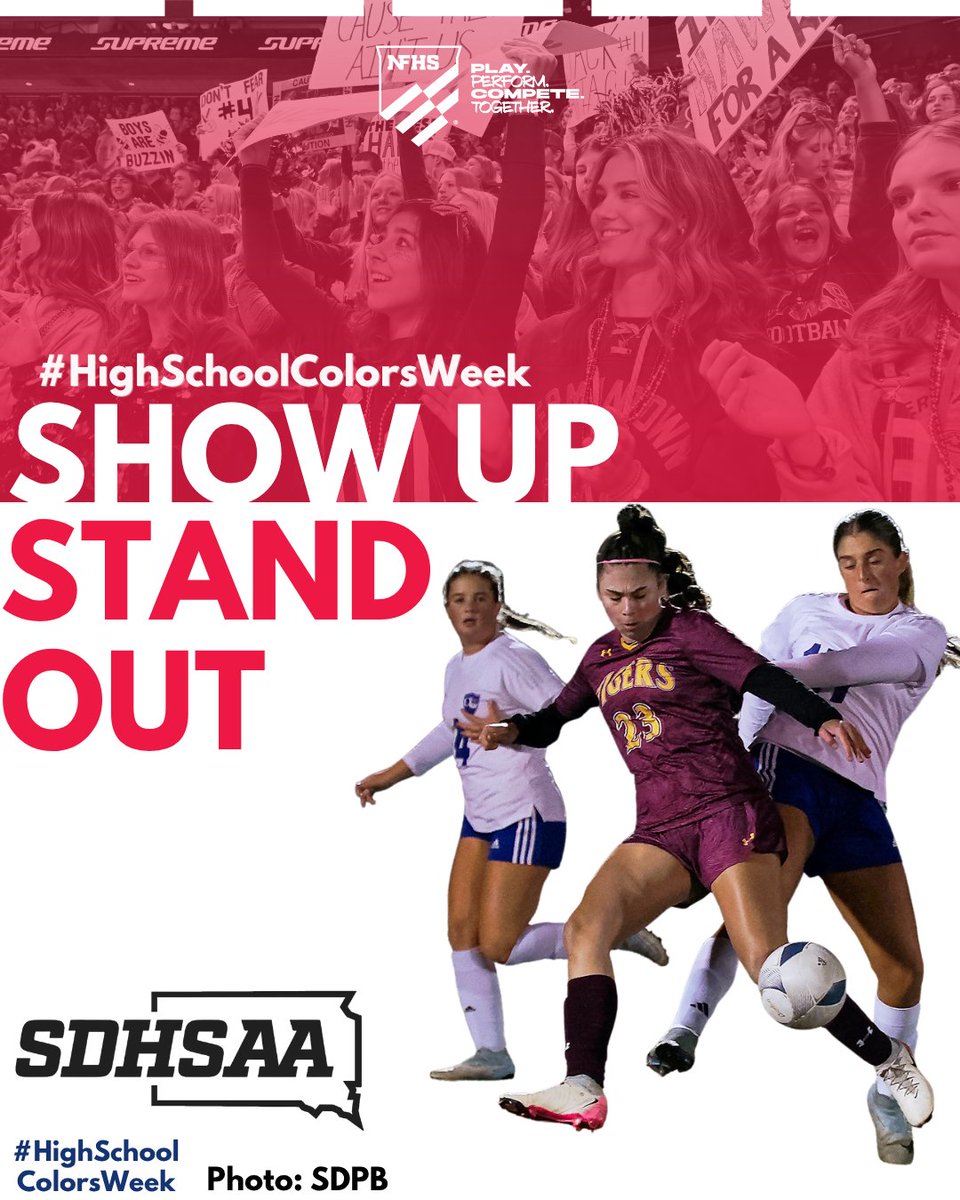 SDHSAA's tweet photo. School spirit is more than what you wear. It's showing up, cheering each other on, and standing together through the wins and the tough moments. Tag someone who always brings school spirit. #HighSchoolColorsWeek #NFHS https://t.co/xij4mquuxQ