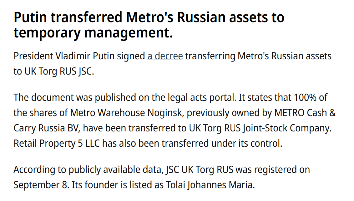 jakluge's tweet photo. Putin just expropriated the next foreign investor: Germany's retailer Metro decided to stay in Russia after 2022, but has now lost control over its Russian assets anyway. After 26 years of presence in the Russian market, around $3 billion in annual revenues, this story has ended. https://t.co/m0DS15Jzwv