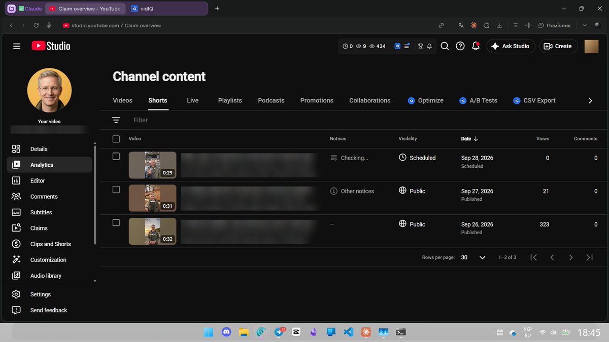 0xEgorAI's tweet photo. HOW CLAUDE GETS TO 100K SUBSCRIBERS
Day 2

Stayed-to-watch went from 11.5% to 62.5% after one change. 21 views so far, so this is a signal, not proof.

Video #1 opened on a calm shot of the AI host by a lake. The first number showed up at second 2. Too late: 88.5% swiped away, 323 views in.

Video #2 puts the number on screen at frame 0 — tuition: €0 vs $11,950 — and the first words are the punchline: "Zero euros."

Video #3 ships today at 12:30 ET with the next fix: something on screen changes every 2 seconds.

Claude picks the topics, checks every number, edits and uploads. I only approve.