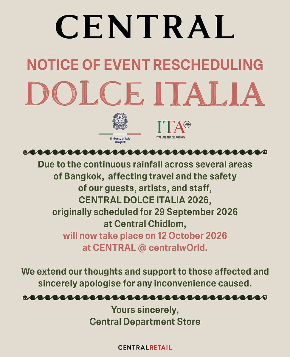 JDInsights_'s tweet photo. SAVE THE DATE [UPDATED 🌻] 

🚶Dolce Italia

📅 October 12, 2026 
⏰️ 6.00PM Onwards
📍 CENTRAL @ centralwOrld

#dunknatachai @dunknatachai https://t.co/cTlPG2QHSE