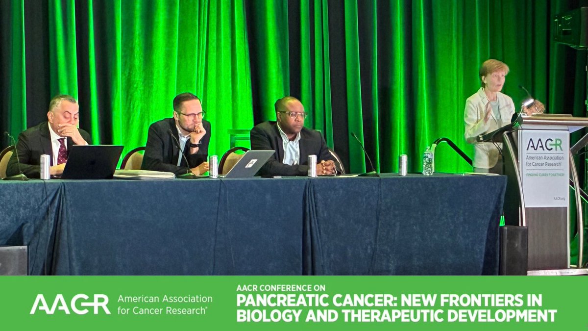 AACR's tweet photo. Conference cochairs @EileenMOReilly and Colin D. Weekes joined Christoph Benedikt Westphalen and Tanios Bekaii-Saab to discuss "Smarter Clinical Trials and Precision Development" in a plenary session at #AACRpan26. @BenWestphalen @GIcancerDoc https://t.co/FKwhbzqfgZ