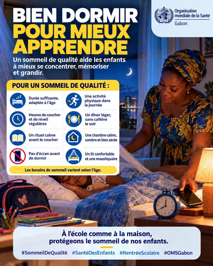 OMS_GABON's tweet photo. 😴 Chaque heure de sommeil compte pour la santé, la concentration et la réussite de nos enfants.

En cette rentrée scolaire, protégeons le sommeil de nos enfants. 📚✨

#SantéDesEnfants #RentréeScolaire #OMSGabon https://t.co/pw5LOlaOrV