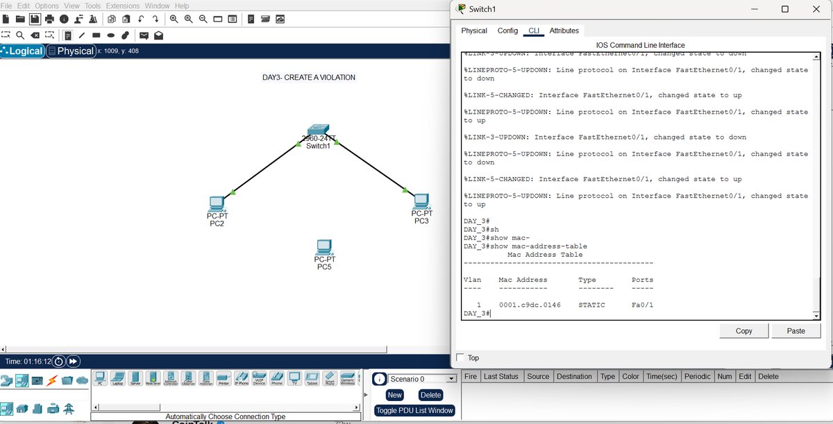 Just_Agunz's tweet photo. 🚨 DAY 3: CREATE A VIOLATION!

PC1 ➡️ Disconnect
PC2 ➡️ Connect to Fa0/1
📡 Test connectivity
🔍 Investigate the failure
Check:
• Port Security
• Secure MAC
• Violation count
• Interface status
• MAC address table https://t.co/nB4UQpXWKV
