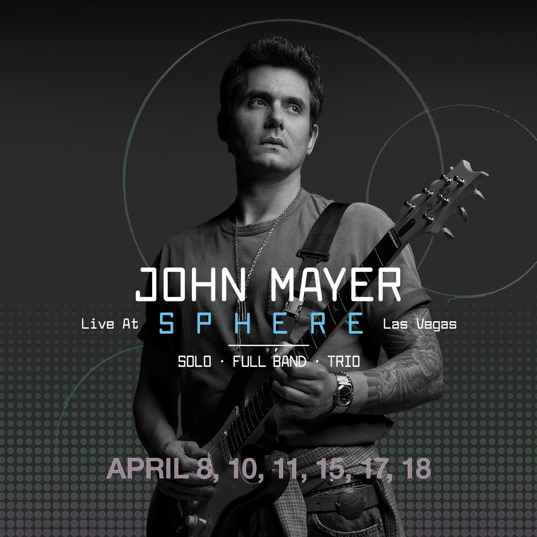 SphereVegas's tweet photo. JUST ANNOUNCED: John Mayer is coming to Sphere on April 8, 10, 11, 15, 17 & 18, 2027! Each concert will feature an evening of John’s music in three forms - solo, full band, and the John Mayer Trio.

Register now for Artist Presale access via https://t.co/US7aQmCSxh. Artist Presale begins Wed, Oct 7 at 10am PT.

Vibee Travel Packages go on sale Wed, Sept 30 at 10am PT at https://t.co/ugcIAsRoTo.

Tickets go on sale to the general public Fri, Oct 9 at 10am PT.