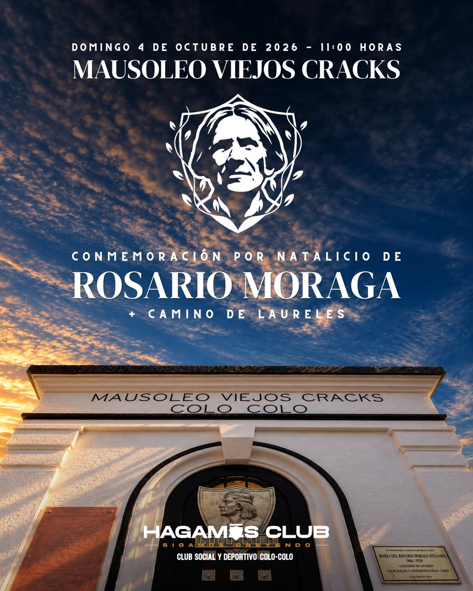 CSDColoColo's tweet photo. Este domingo 4 de octubre, a las 11:00 horas, nos reuniremos en el Mausoleo de los Viejos Cracks para conmemorar, por segundo año, el natalicio de Rosario Moraga, primera socia de nuestra institución y una figura fundamental en la historia de nuestro club.

Junto a la conmemoración de Rosario, también realizaremos el tradicional recorrido patrimonial “Camino de Laureles”, recordando a quienes han construido y entregado su vida por Colo-Colo.

📍 Mausoleo de los Viejos Cracks
🗓️ Domingo 4 de octubre
⏰ 11:00 horas

La actividad es abierta a toda la comunidad colocolina. Los invitamos a acompañarnos y mantener viva la memoria de quienes fueron parte de los primeros capítulos de nuestra historia 🤍🖤