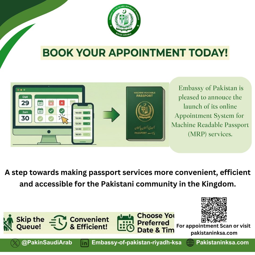 PakinSaudiArab's tweet photo. 🔊Launch of Online Appointment System for MRP Services

@PakinSaudiArab is pleased to annouce launch of its online  Appointment System for Machine Readable Passport (MRP) services.

🇵🇰 Book your appointment through https://t.co/YIb2GdYSpW today! https://t.co/hDTPNQVnoy