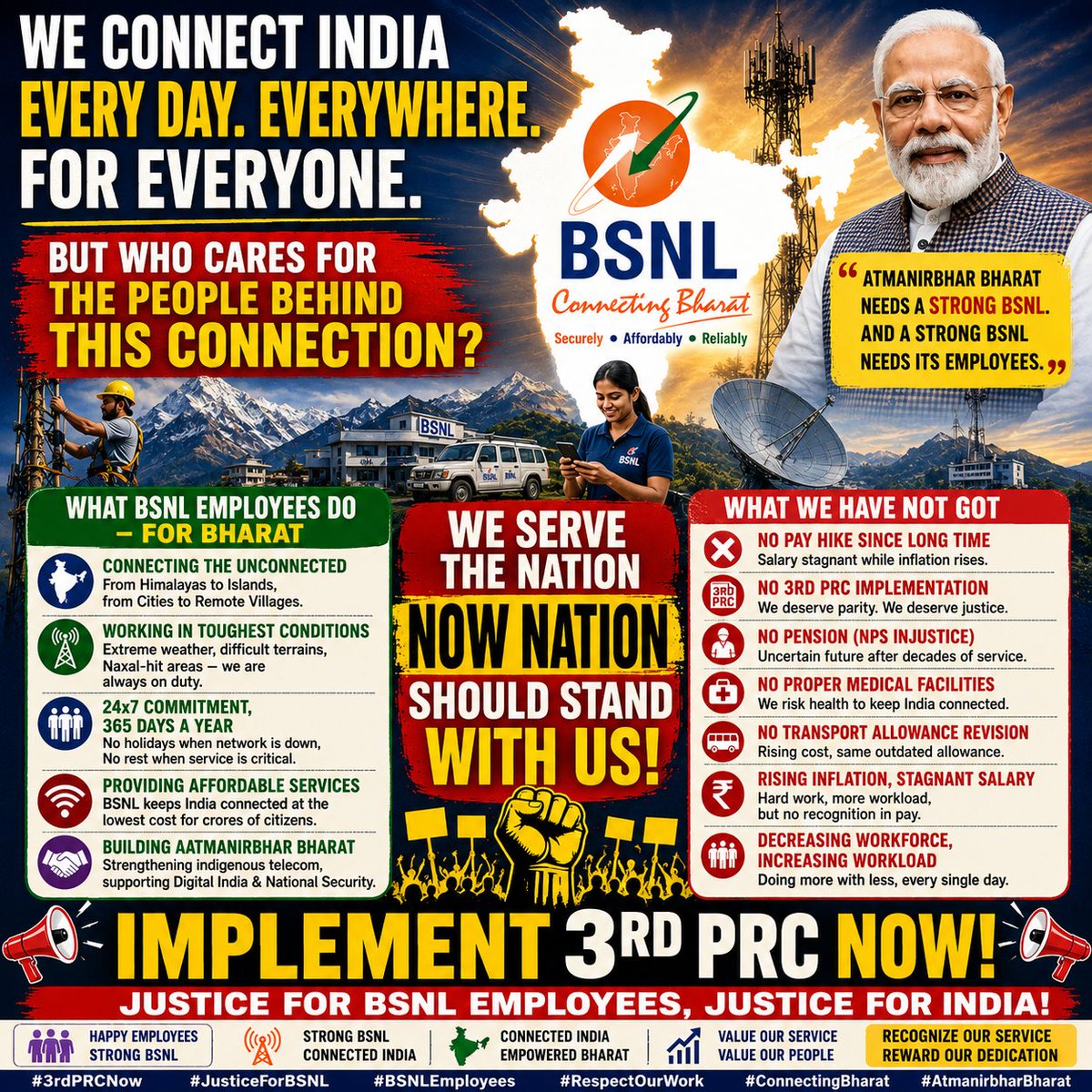 SNEAJKD's tweet photo. We are proud that 🇮🇳 #BSNL is recognized as a strategic asset of our nation. To keep employee morale high,We respectfully request @narendramodi Ji to approve the 3rd PRC due since 01.01.2017. 
@sneachq
@PemmasaniOnX @JM_Scindia @DoT_India
#3rdPRC_BSNL #Remove_Affordability_Clause https://t.co/CqvQRgcMT7