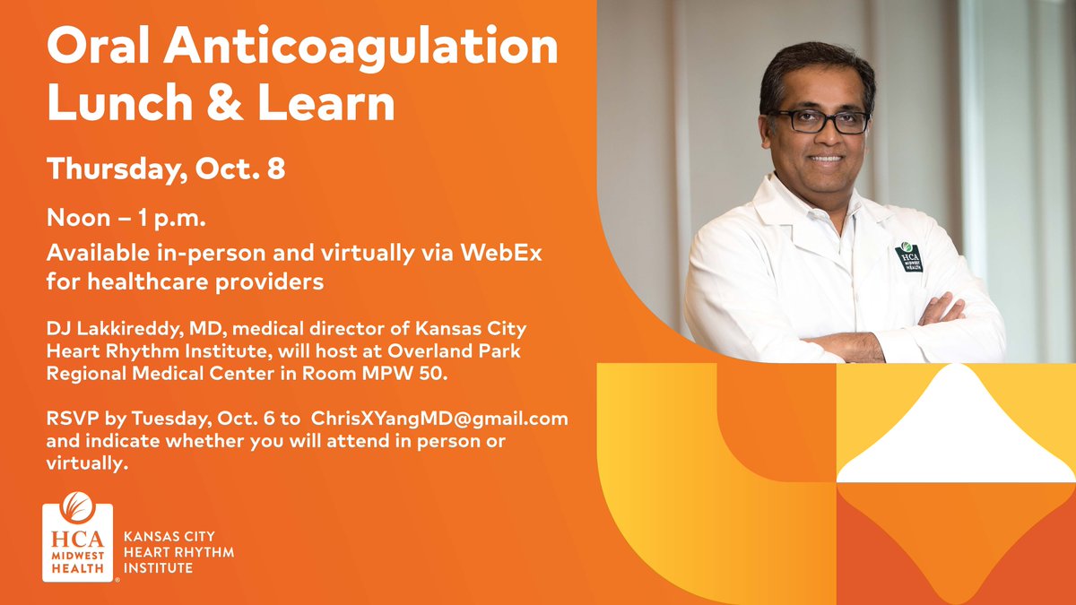KCHeartRhythmIn's tweet photo. Join Dr. DJ Lakkireddy for a Lunch &amp; Learn on oral anticoagulation in electrophysiology, including stroke risk reduction and management during ablation and cardioversion.

📅 Oct. 8 | Noon-1 p.m.
📍 In person or via WebEx
RSVP by Oct. 6: ChrisXYangMD@gmail.com https://t.co/TMjf2YdNoW
