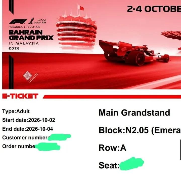 Rachel09816's tweet photo. WTS F1 ticket Bahrain GP sepang Malaysia 🇲🇾 
-3 day pass 2/10/2026 - 4/10/2026 
-2 tix available (Main Grandstand)
-RM1000 for 1 tix 
-Can meetup Penang/Ipoh/Selangor 

*reason to sale can’t make it to that date *dm me to purchas https://t.co/3u4xPyQeRt