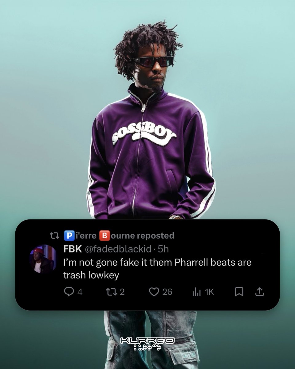 Kurrco's tweet photo. Pi'erre Bourne reposts a post via X calling out Pharrell Williams beats

"I'm not gone fake it them Pharrell beats are trash lowkey" https://t.co/ts5FKFNAgl