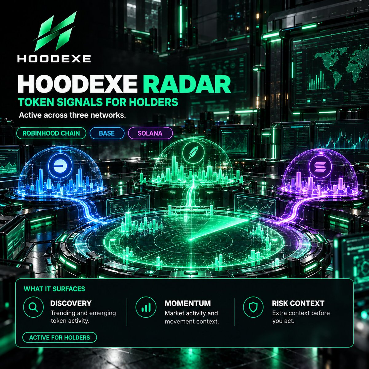 h00dexe's tweet photo. One of the utilities we’ve prepared for holders is H00DEXE Radar & Scanner.

It’s designed to surface token activity and market context across:
• Robinhood Chain
• Base
• Solana

The goal is simple: give holders better visibility, faster discovery, and more useful context.

Mint: October 16, 2026

🔗 https://t.co/nQc7rrxh1S
🔗 https://t.co/eLhhHllLvA