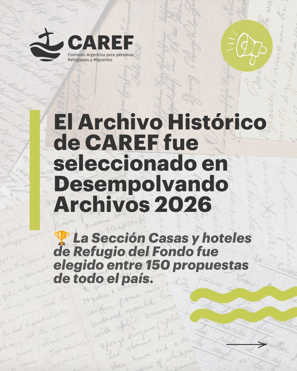 CarefArgentina's tweet photo. ¡Gran noticia! 📣 El Archivo Histórico de CAREF fue seleccionado en Desempolvando Archivos 2026.
Un paso clave para dar acceso a documentos fundamentales de la década del 70 sobre el exilio en el Cono Sur y la construcción de Memoria, Verdad y Justicia. https://t.co/vMx32wTOTS