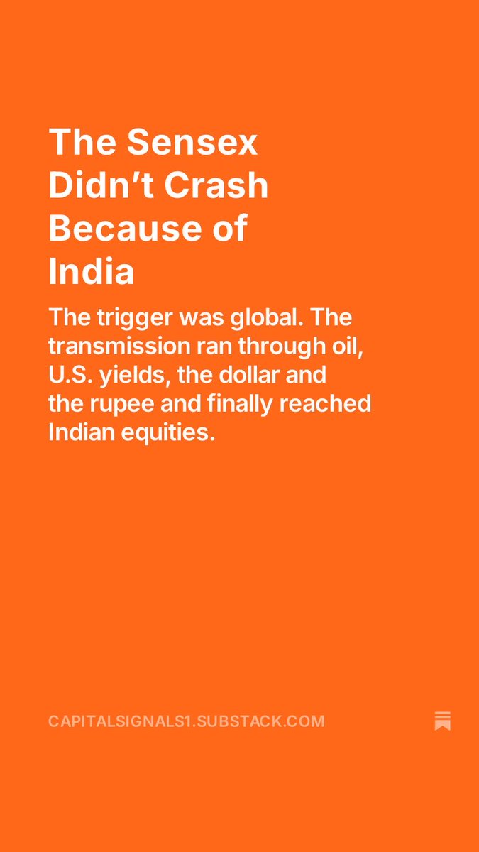 rish2274's tweet photo. The Sensex fell 1,124 points today.

But the story didn’t start in India.

Hormuz → oil → inflation → U.S. yields → dollar → rupee → Indian equities.

I broke down the full chain and the signals worth watching next.

https://t.co/ATJkhECiAN https://t.co/APaLliYMMX