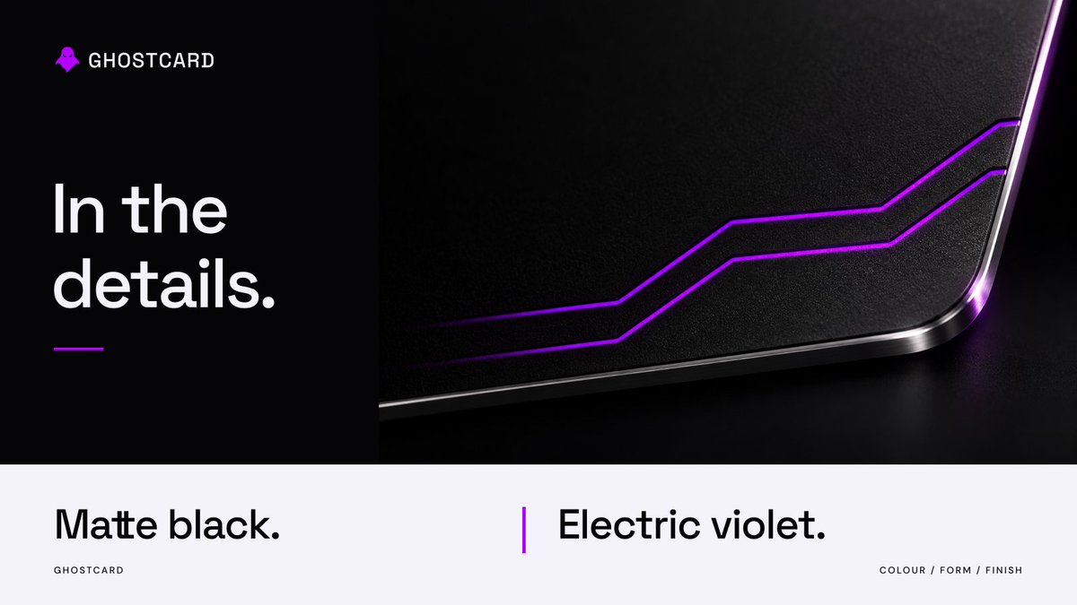 GhostcardApp's tweet photo. A closer look at the GhostCard design.

Matte black. Electric violet. Our ghost on the face.

What would you want to know before using a Solana-funded virtual card? https://t.co/4ebidgclly