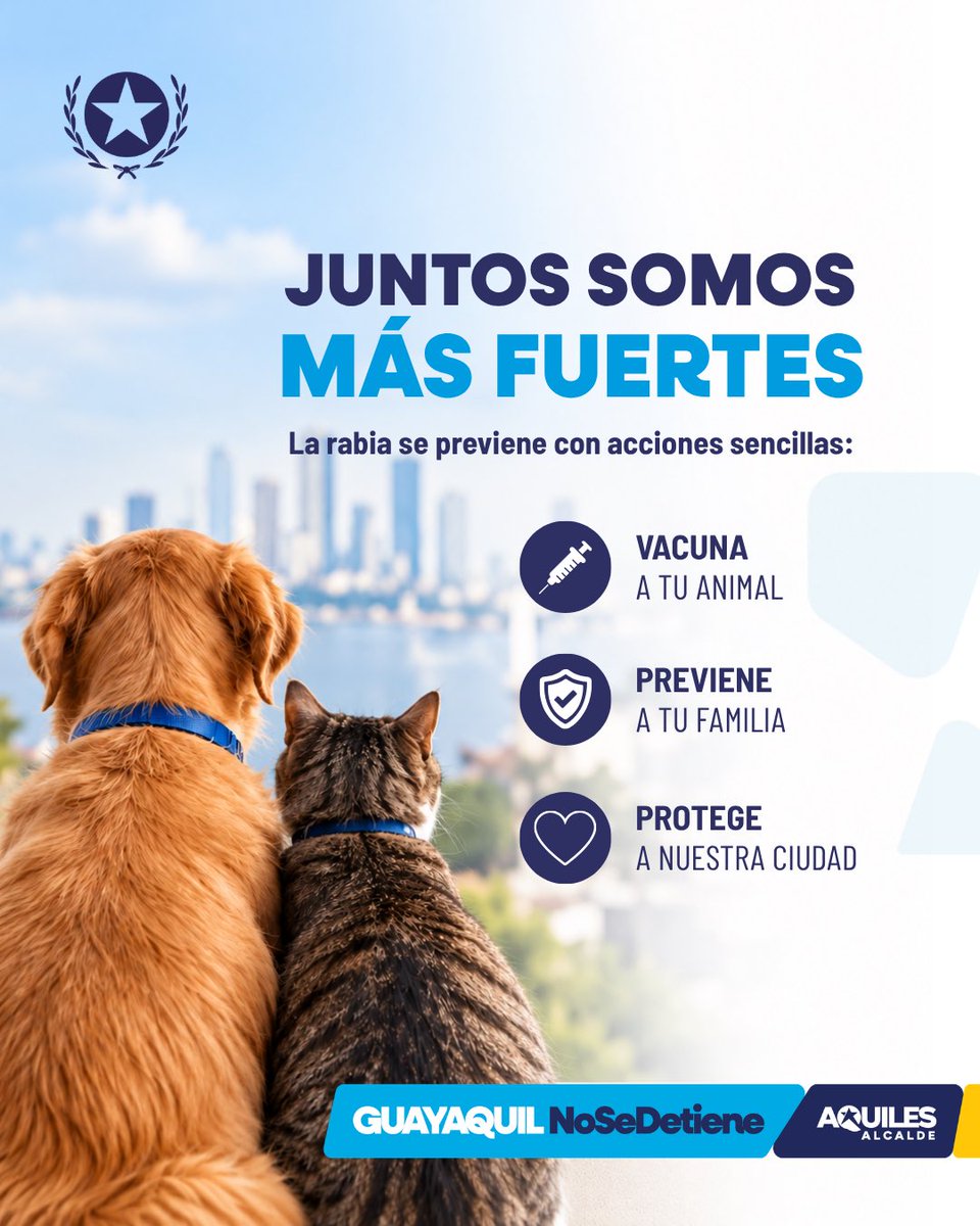 Proanimal_gye's tweet photo. La rabia puede prevenirse, y la vacunación es una de las principales herramientas para proteger a nuestros animales de compañía, nuestras familias y a toda la comunidad. 🐾💙
Mantener su vacunación al día, evitar que deambulen sin supervisión y consultar al veterinario ante cualquier situación de riesgo son acciones que también salvan vidas.
Este 28 de septiembre, Día Mundial contra la Rabia, recordemos que prevenir también es cuidar.
#GuayaquilNoSeDetiene #AquiEstamos #AquilesCumplimos