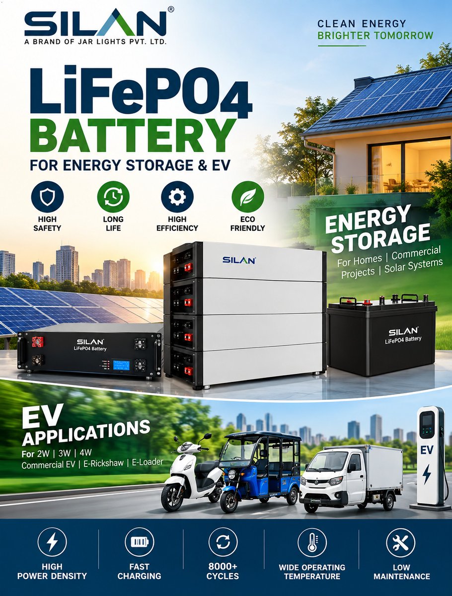 silantech's tweet photo. 🔋 SILAN LiFePO4 Battery — Built for the Energy Transition.

From ☀️ Energy Storage to ⚡ EV applications.

🏠 Home &amp; Commercial ESS
☀️ Solar Storage
🛵 2W &amp; 3W EV
🚚 Commercial EV
✅ Safe
✅ Long Life
✅ Low Maintenance
#LiFePO4 #Battery #EnergyStorage #EV #Solar #CleanEnergy https://t.co/7sB3HFy2Ic