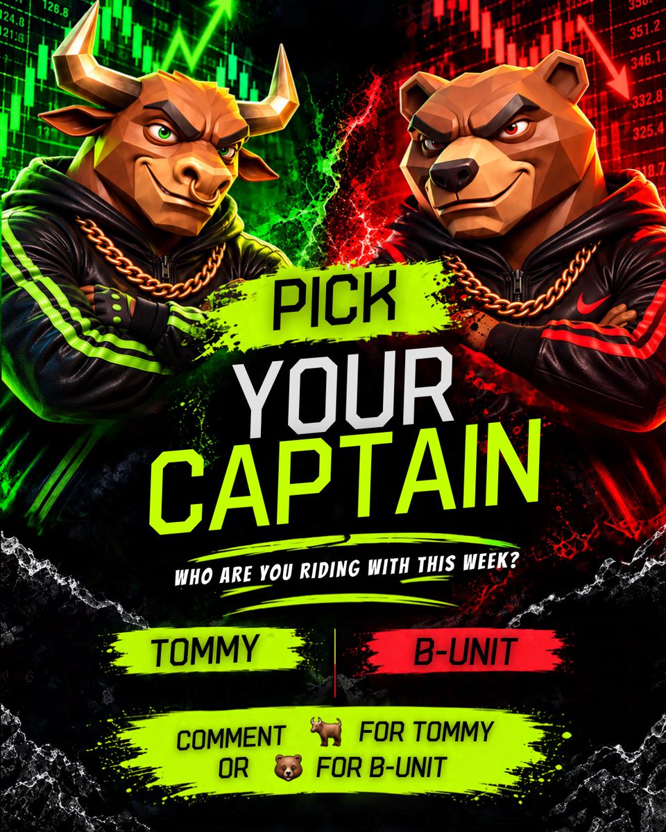 BullsOutHQ's tweet photo. New week. Pick your captain.

🐂 Tommy: backs the future.
🐻 B-Unit: calls the hype.

Tomorrow they make the calls.

Who are you riding with this week? https://t.co/Ww2Ej1uBnE