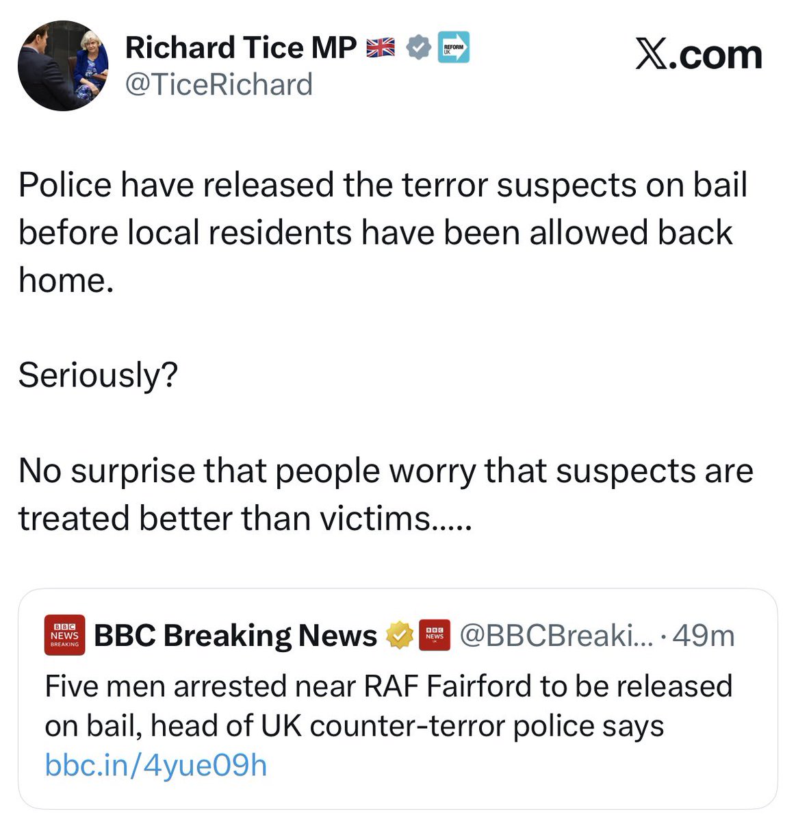 MichaelTakeMP's tweet photo. Surely it is time for the authorities to take this Fairford terrorism case out of the hands of the police &amp; pass it over to Nigel Farage, Richard Tice &amp; Isabel Oakeshott etc.
These people have the expertise &amp; skills to have this all solved &amp; explained to the public by tonight.👍 https://t.co/0c1d96pzW3