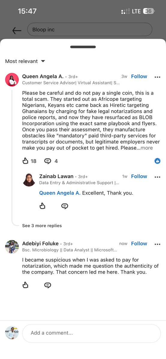 AwoniyiIsmail's tweet photo. Decided to do small research about Bloop inc Customer Service role after they asked for a notarized affidavit and put a third party link as a way to get it done. 

This is what LinkedIn people are saying, what do you guys think? https://t.co/cDvvnvQcdV