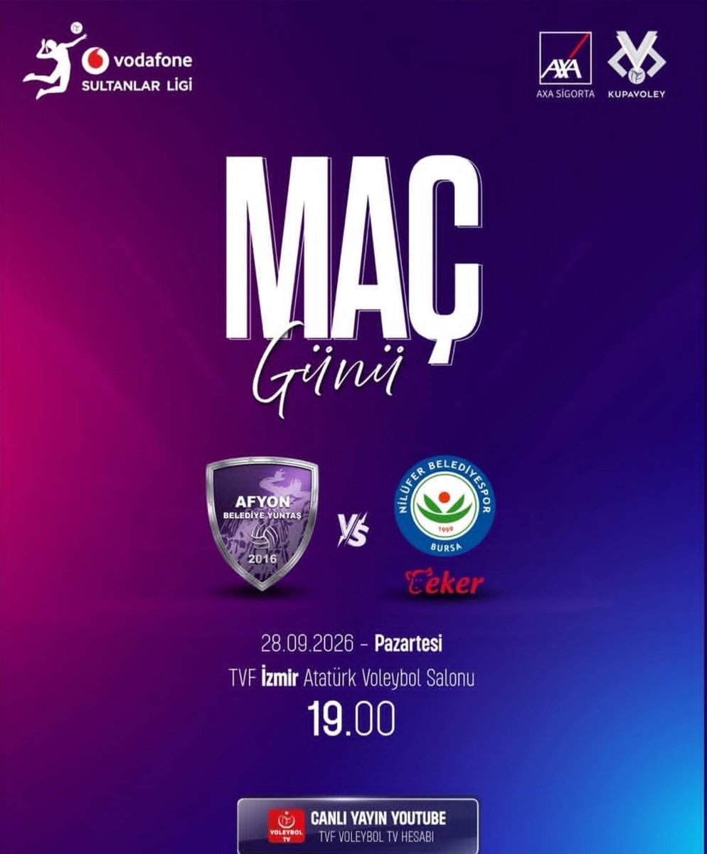 KimdeMikrofon's tweet photo. 🌟 AXA Sigorta Kupa Volley - 2. Grup 
🏐 Afyon Belediyesi Yüntaş 🆚 Nilüfer Belediyesi Eker 
⏰ 19:00  
💻📱 TVF Voleybol TV YouTube Kanalı 
🎙️ @zulfuberke https://t.co/DNQBCtYt6M