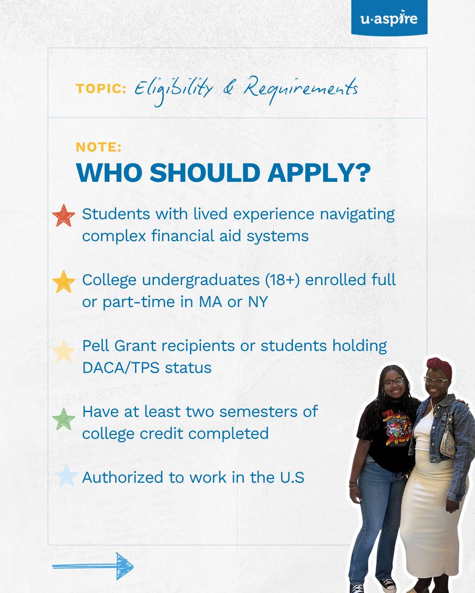 uAspire's tweet photo. uAspire is looking for current college undergrads in MA &amp; NY for our paid Spring 2027 Policy Fellowship! 
🎓 $500/mo stipend upon completion
🎓 All travel covered
🎓 Direct mentorship w/Policy Directors 
Apply by 10/25: https://t.co/aJ2IYfz6ot 
Share w/student in MA or NY! https://t.co/87k81p8nFr