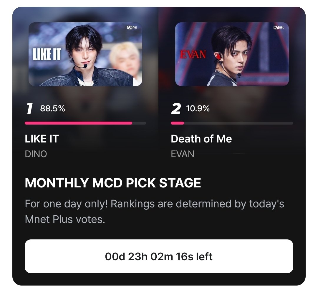 EvanVoting's tweet photo. [🗳] MNET PLUS: WEEKLY MCD PICK STAGE

EVERS! The Monthly MCD Pick Stage is now open! Go vote for "DEATH OF ME" on Mnet Plus! The poll is only open for 24 hours. ⚠️

🗳 1 acc = 5 votes
🔗 https://t.co/U9LUqmMIIt
🗓 Sept 29 at 23:59 KST

#EVAN #에반 @h_evva_n @evan_officialJP https://t.co/wcyXV9DPFj