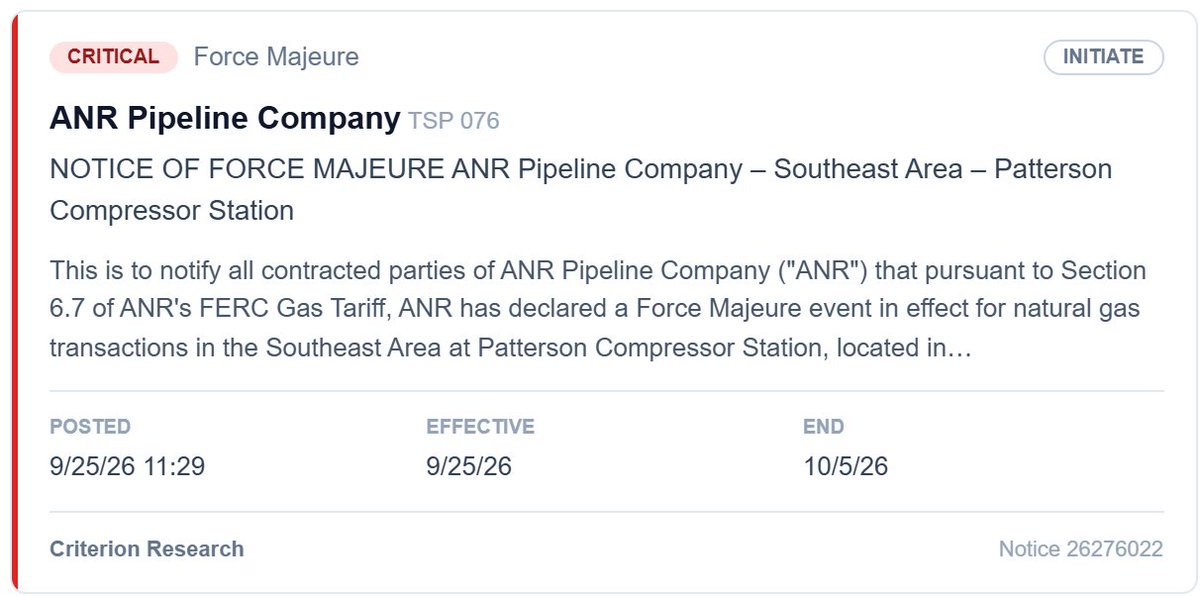 PipelineFlows's tweet photo. ANR declared force majeure at its Patterson Compressor Station after an unexpected Unit 1 equipment failure, cutting Southwest Mainline northbound capacity by 186 MMcf/d to 520 MMcf/d from gas day September 27 through October 5. #NatGas https://t.co/KDBIdVrDXM