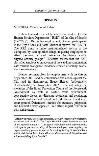 EWess92's tweet photo. Can a white man sue Seattle over its racially hostile wacky DEI programs? Yes, per Chief Judge Murguia. Big loss for DEI in Seattle--by an all-Democrat appointed Ninth Circuit panel. These racially discriminatory "Race and Social Justice Initiative" policies create liability https://t.co/wfRAPANT1z