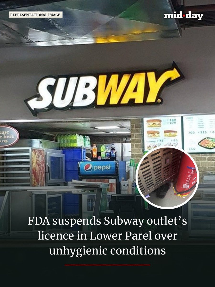mid_day's tweet photo. The FDA Maharashtra suspended the food licence of Subway’s Lower Parel outlet after an inspection found a faulty, mouldy refrigerator, live cockroaches, foul smell and water accumulation.

The September 26 inspection also flagged poor sanitation, improper food storage, damaged premises and missing pest-control records. The action followed a complaint received through the AI portal.