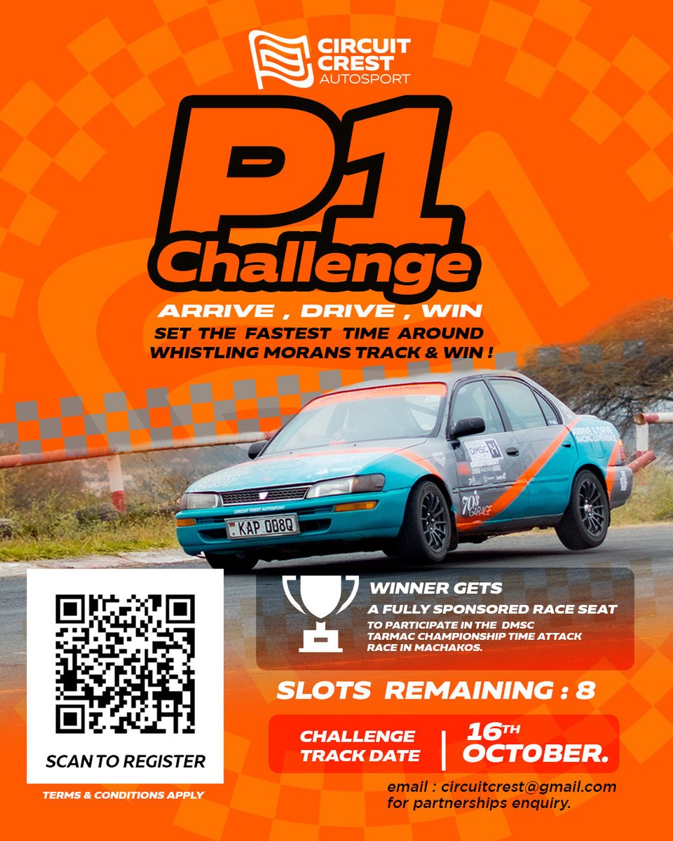 CircuitCrest's tweet photo. Circuit Crest Autosport is giving 10 drivers the chance to battle for the fastest time around Whistling Morans Track, with the winner taking home a fully sponsored race seat in the DMSC Time Attack Championship race in Machakos.

Registration Link : 
https://t.co/nKVspzKPk0 https://t.co/e0N99bZ9TV