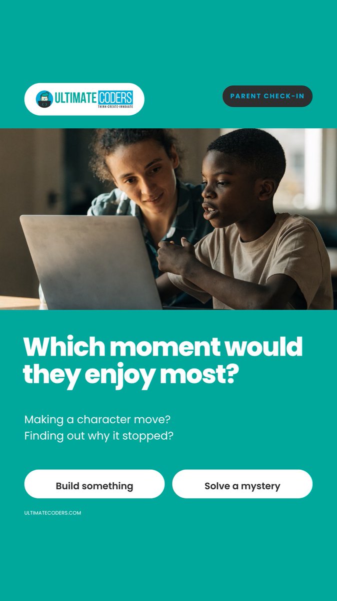 ultimatecoders's tweet photo. Which sounds more like your child: building something new or solving a mystery when it doesn’t work?

Ask them which moment they would choose—and why. Tell us below.

#UltimateCoders #KidsCoding https://t.co/hx3SKzjvjn