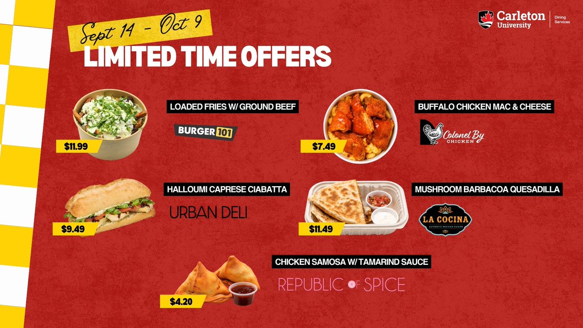 CarletonDining's tweet photo. Did you know that you only have two more weeks before our limited time offers for the first half of the semester are gone? Don't miss out - visit us at the Food Court in Nideyinàn and try them out while you still can! https://t.co/aaf3aowI0r
