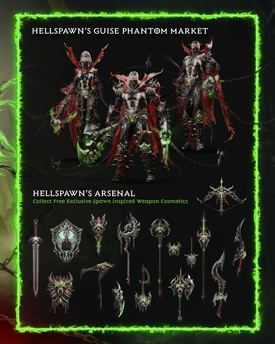 DiabloImmortal's tweet photo. Embrace the power Hell failed to control. From September 30 to November 1, earn Spawn-inspired rewards, harness Necroplasmic power, and turn Hell's own gift against the demons of Sanctuary.

Read more about the Spawn crossover event: https://t.co/dEIkGwSSao https://t.co/kKUzdpmDhK
