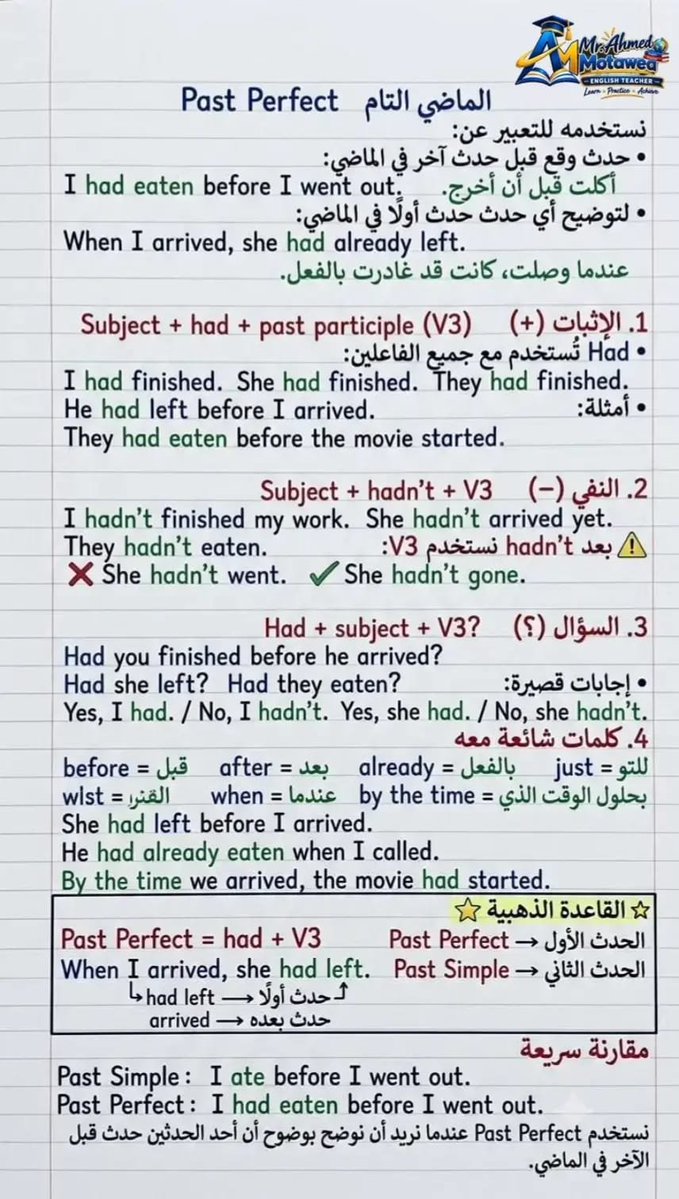aowd25's tweet photo. 📚 شرح الأزمنة الأساسية في اللغة الإنجليزية

بأسلوب سهل وبسيط، كل ما تحتاج معرفته عن كل زمن موضّح بخط اليد وبطريقة مرتبة ✍️

مناسب للمراجعة وفهم الأزمنة بسرعة 🤍 https://t.co/3Etoon6Ekw
