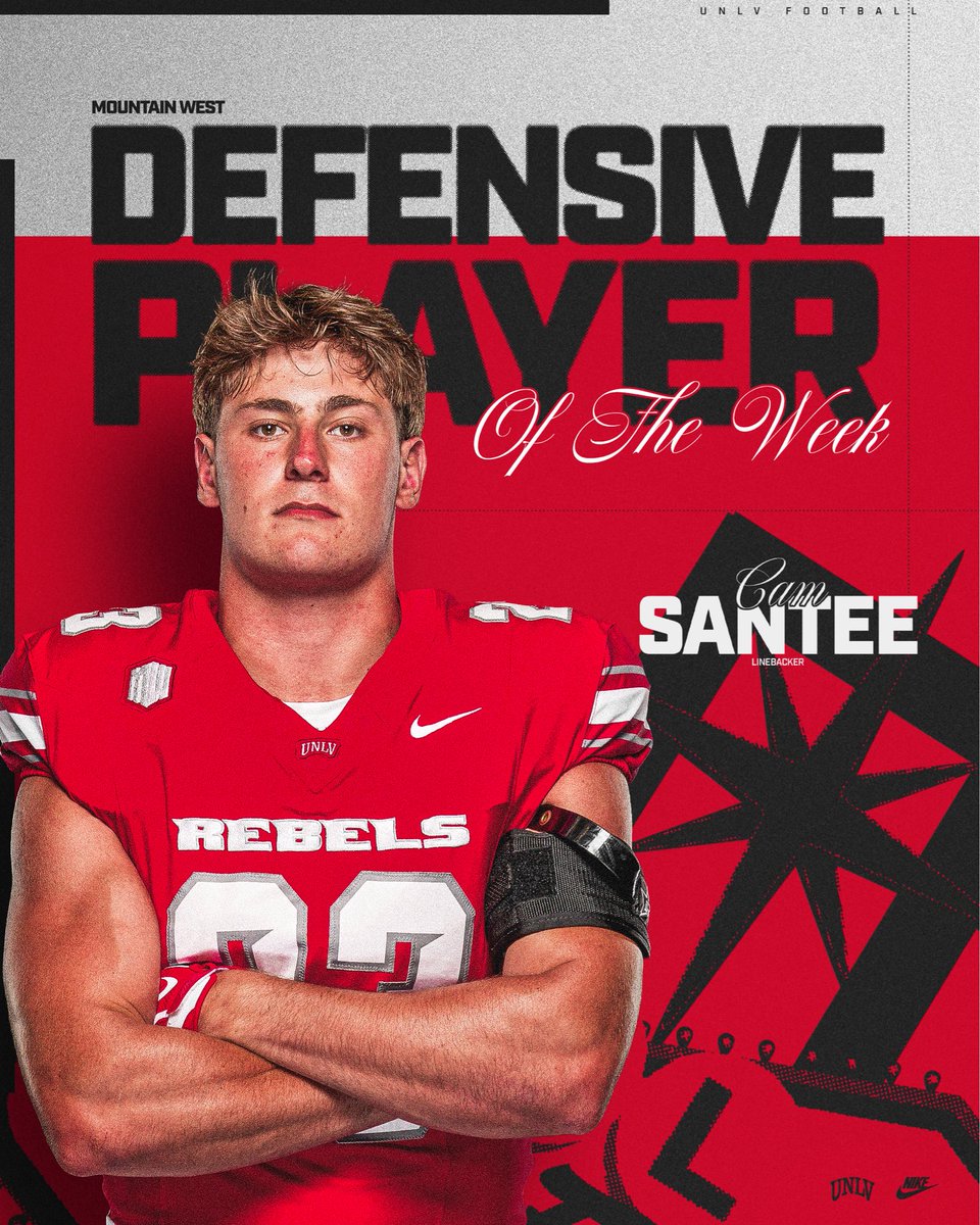 unlvfootball's tweet photo. 𝐌𝐖 𝐃𝐞𝐟𝐞𝐧𝐬𝐢𝐯𝐞 𝐏𝐥𝐚𝐲𝐞𝐫 𝐨𝐟 𝐭𝐡𝐞 𝐖𝐞𝐞𝐤

@CamSantee | @MountainWest 

📰 https://t.co/aGQ0zpHMkP https://t.co/iuQFcCcrXm