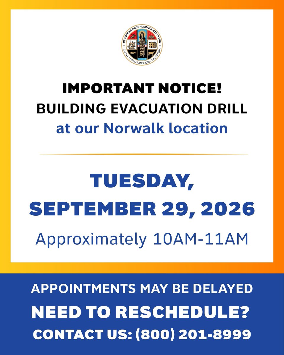 LACountyRRCC's tweet photo. We will be conducting a Building Evacuation Drill to practice emergency preparedness and ensure the safety of our staff and visitors on September 29 from approximately 10 AM-11 AM. Please anticipate potential delays. https://t.co/C0qGigYgln