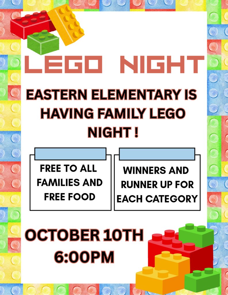 EasternLocalSD's tweet photo. Eastern Pike Elementary is hosting Lego Night! Come out and join the fun on Saturday, October 10th at 6:00pm in the cafeteria! https://t.co/0jHPyWylbY