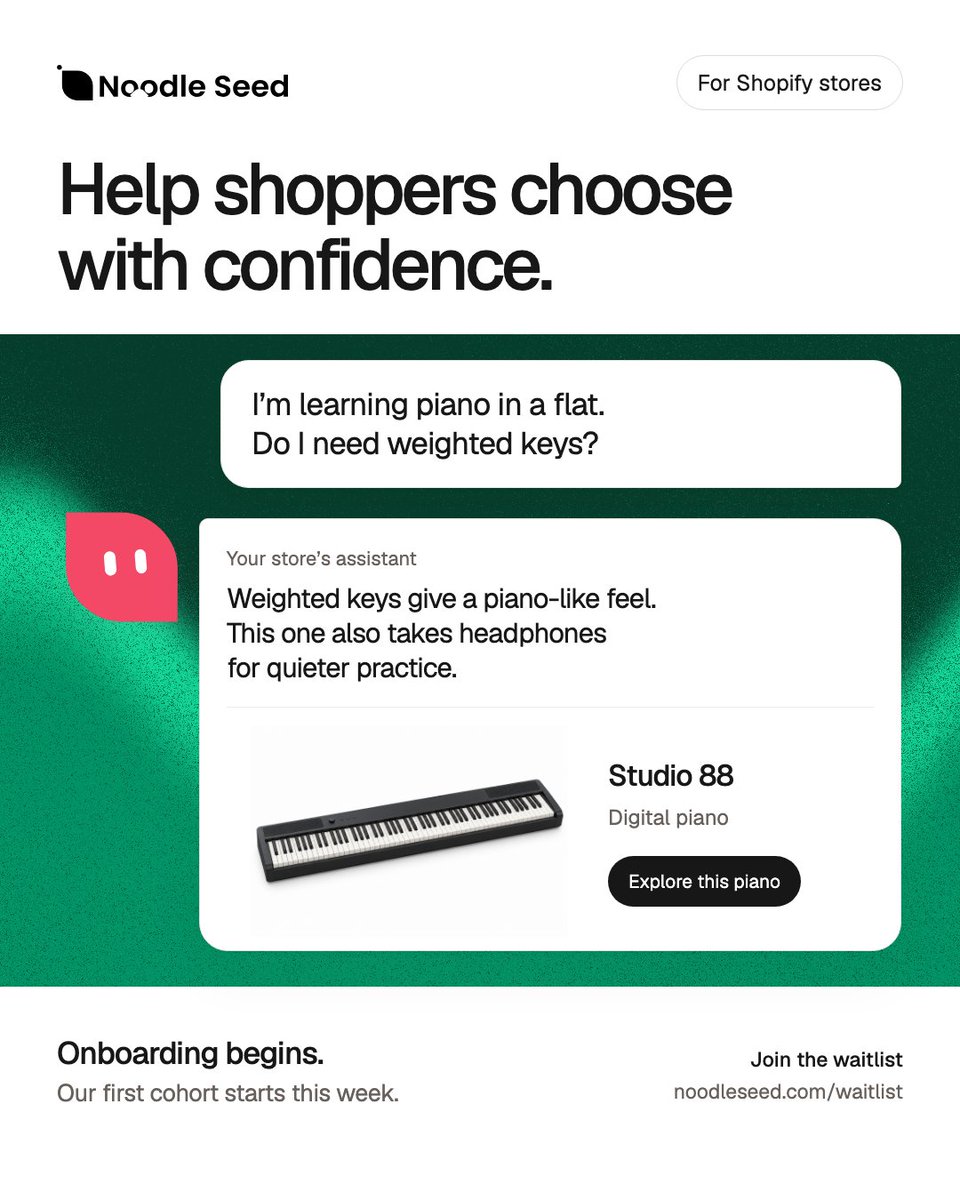 Noodle_Seed's tweet photo. Some products come with homework.

Noodle Seed helps shoppers explore your Shopify catalog and ask product questions.

Our first onboarding cohort starts this week, including Shopify store owners. https://t.co/qJGp1n5ZPW