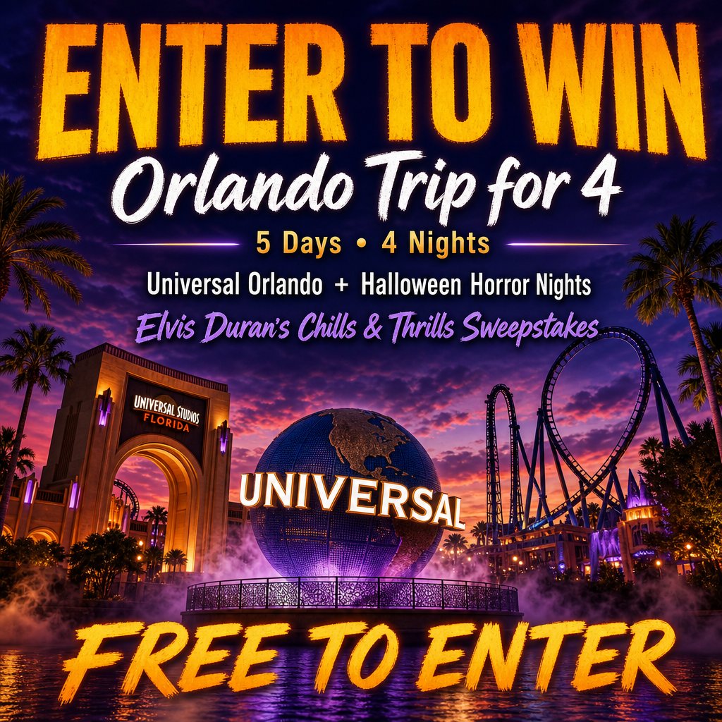 SweepsAdvantage's tweet photo. Four tickets to thrills! 🎢 Enter Elvis Duran’s Chills &amp; Thrills Sweepstakes for a 5-day Orlando trip for 4, with Universal park tickets &amp; a Halloween Horror Nights visit! Who’s your brave crew? Free to enter—click for details &amp; to enter:
https://t.co/EnRLPxMbCa https://t.co/lY1jkPfEK1