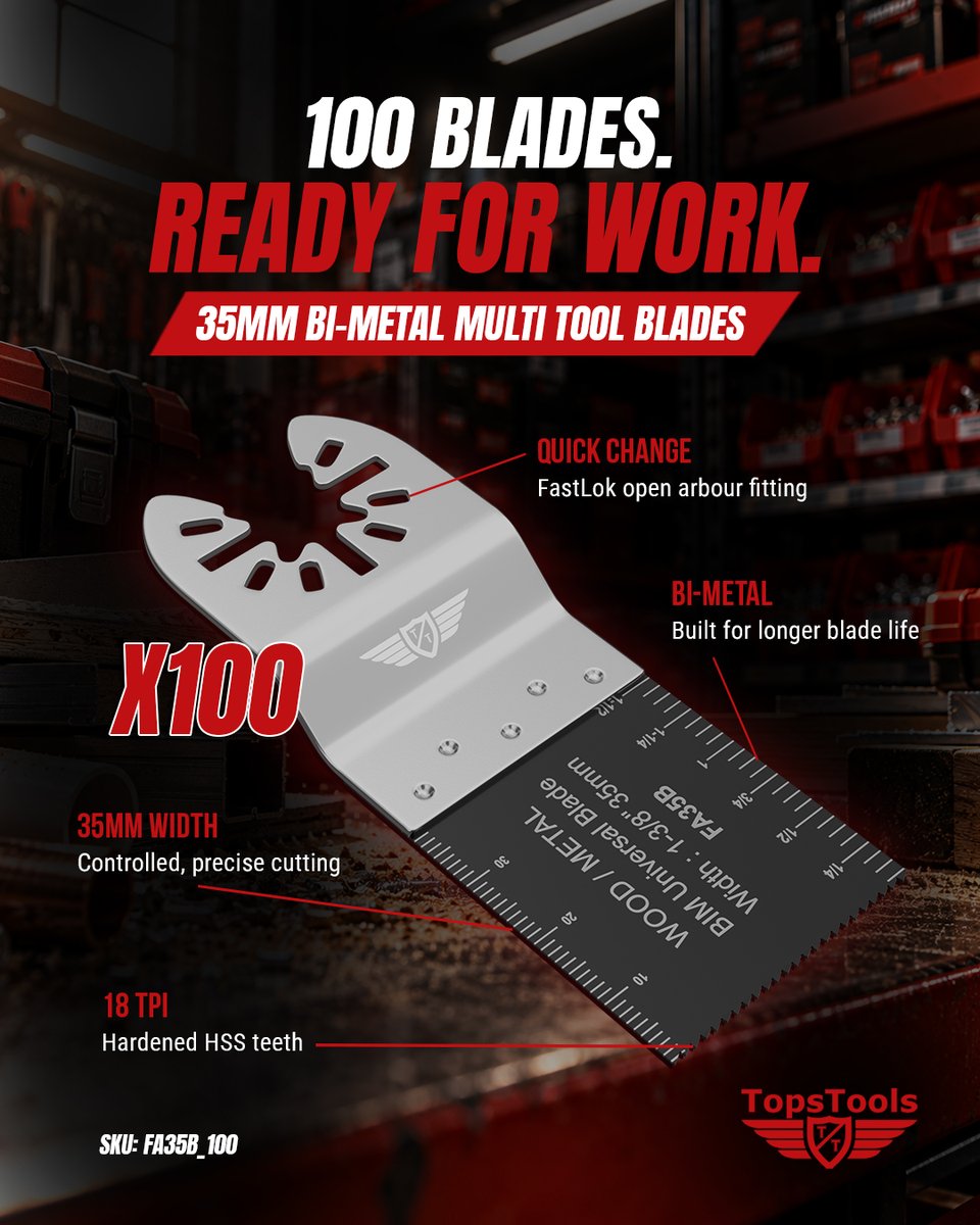 TopsTools's tweet photo. 100 blades. Ready for work. 🔴
TopsTools 35mm Bi-Metal Multi Tool Blades with an 18 TPI cutting edge and FastLok quick-change fitting.
A proper 100-piece trade pack.
FA35B_100
#TopsTools #MultiTool #TradeTools https://t.co/gZsOaePZs0