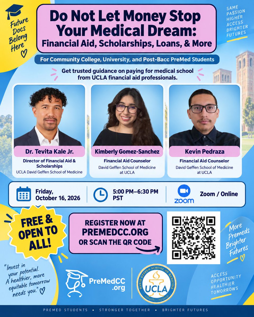 PreMedCC's tweet photo. 🚨 PreMed students: Do not let money stop your medical dream. 💰🩺

Join UCLA DGSOM financial aid professionals for a FREE session on scholarships, loans, financial aid, and paying for medical school.

📅 Oct 16 | 5 PM PST
💻 Zoom
🔗 https://t.co/plWM5QDWdy

#premed https://t.co/8kOywfQWoV