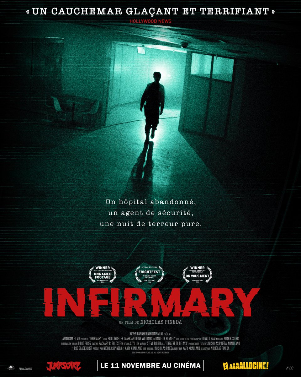 ESC_Films_'s tweet photo. 🩸 Un agent de sécurité a disparu lors de sa première nuit dans un hôpital psychiatrique abandonné. 

📼 Les caméras de surveillance ont tout filmé. Les images sont glaçantes. 

⚠️ Découvrez l'affiche de INFIRMARY, le 11 novembre au cinéma ! 🔥 https://t.co/koNy8plRlj